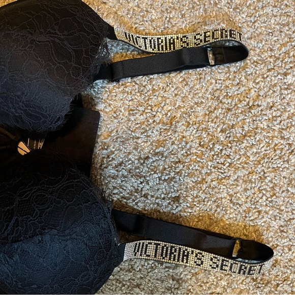 NWT Victorias Secret Bra Corset Black Lace Lingerie 32DD Rhinestone Strap Logo - Picture 3 of 4